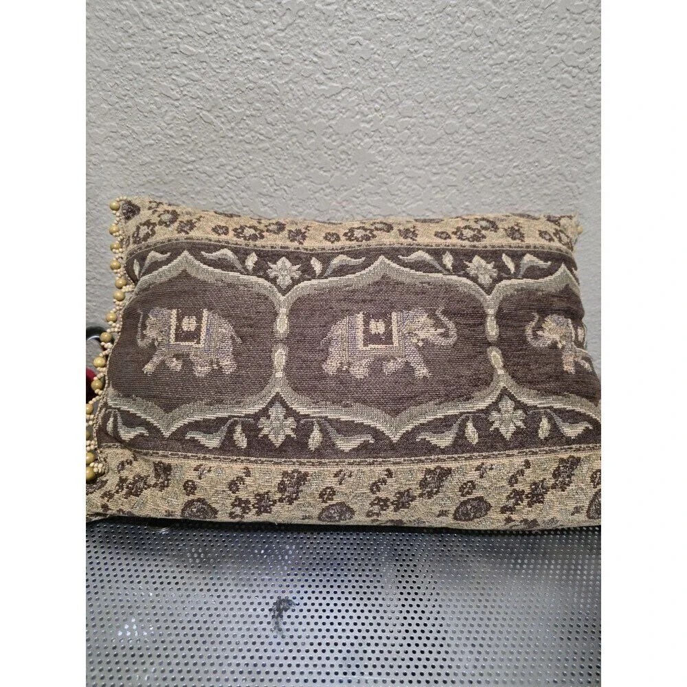 Pier One Tan Brown Elephant Decorative Pillow Beaded Sides 17
